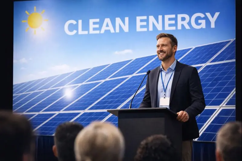 clean energy leader speaking at solar power event